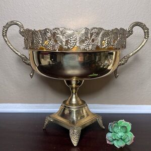 Mid-Century Brass Pedestal Urn Bowl – Pierced Rim, Vine Handles, Grape Cluster
